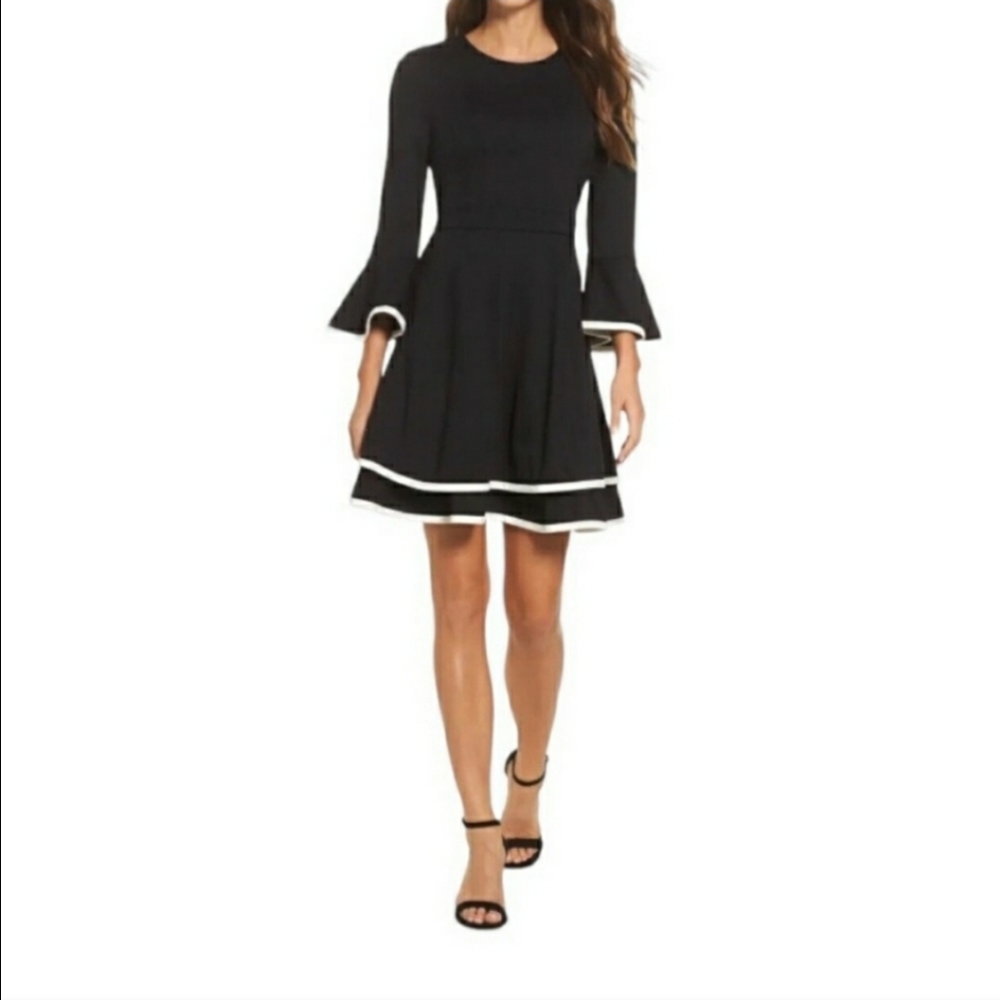 Eliza J Black & White Contrast Fit & Flare Ruffle Dress